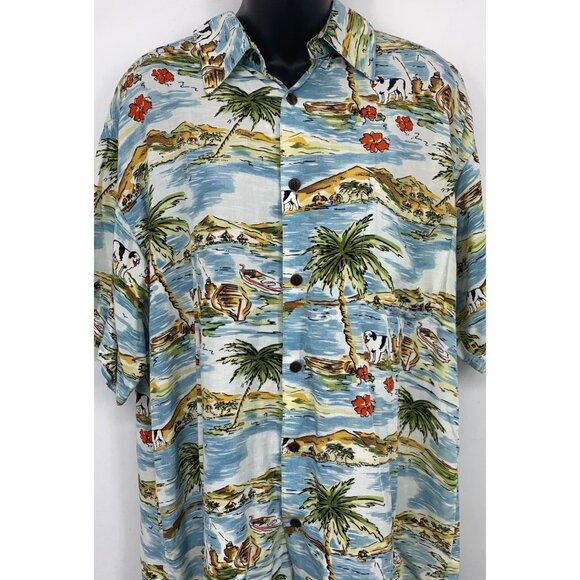 Big Dogs Men Button Up Tropical Shirt Blue Green Small Medium Short Sleeve EUC - Picture 2 of 8